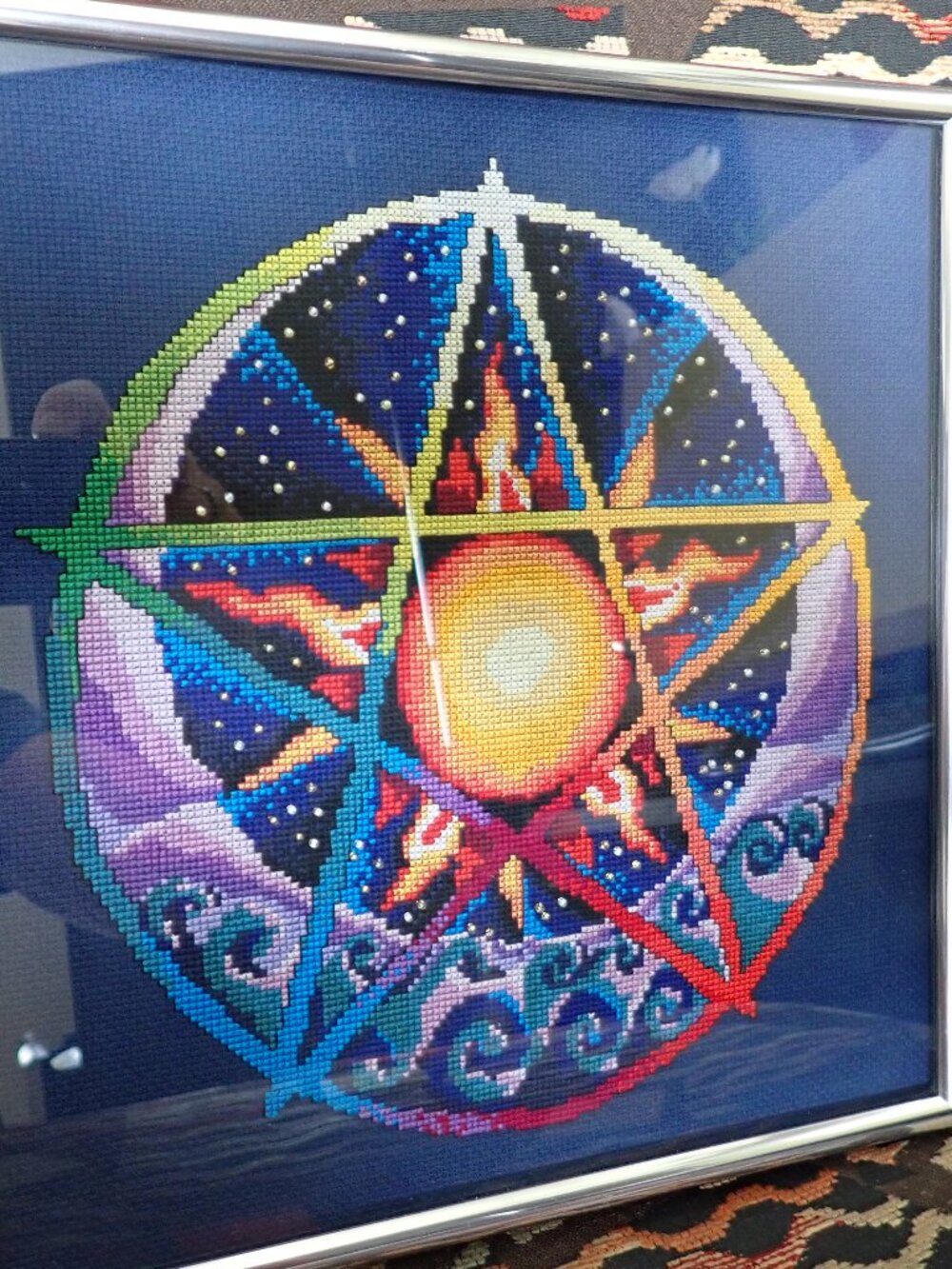 Professionally framed Pagan cross stitch art - Elemental Cosmos